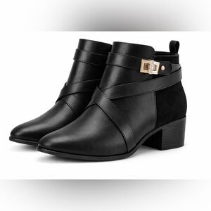🆕 Just Fab - “Clara” Black Ankle Boots with Gold Accents